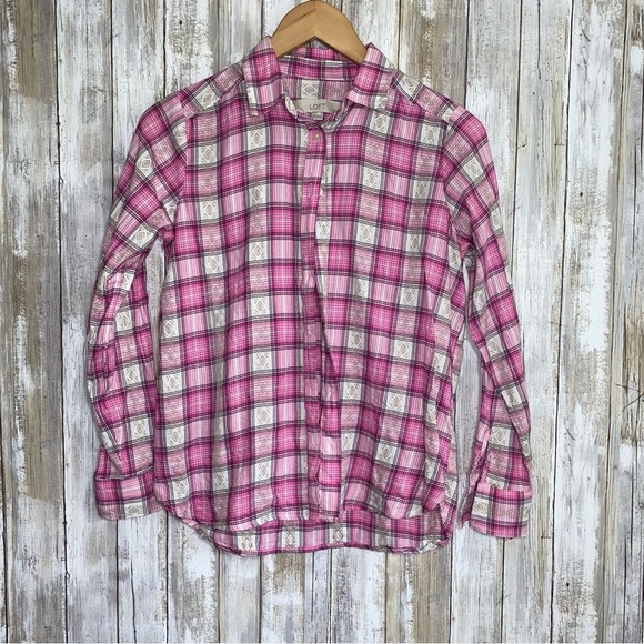 Loft Pink Petite Plaid Everyday Button Down - Picture 2 of 5